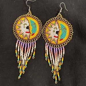 Handmade Huichol Beaded Waterfall Earrings, 'Wirikuta Eclipse in yellow
